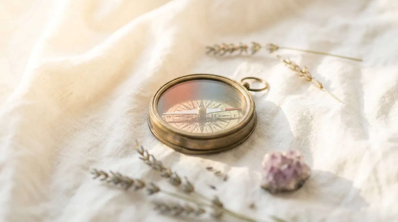 Messingkompass mit Lavendel und Amethyst auf Leinen