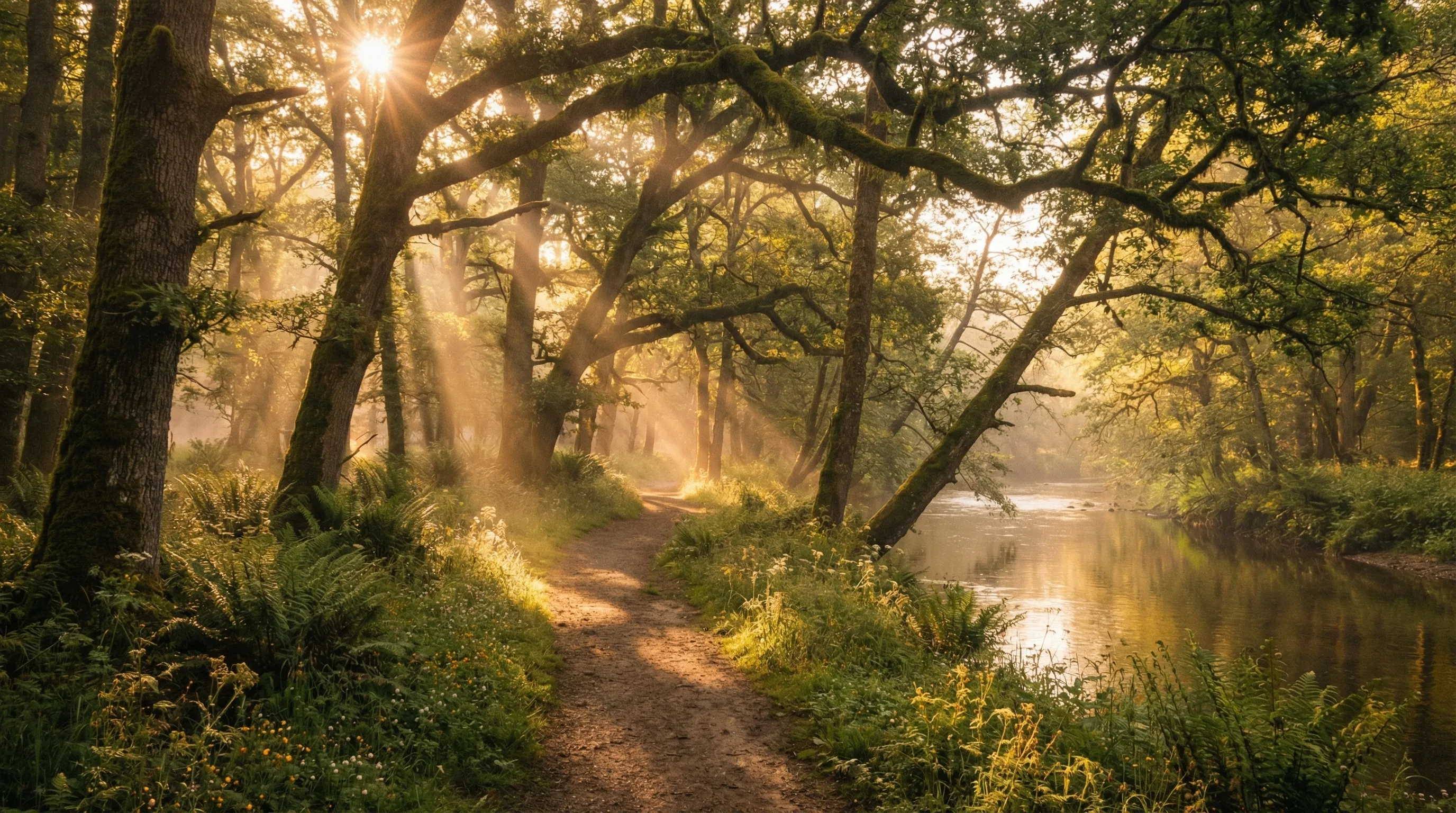 Sonnendurchflutete Lichtung unter alten Eichen am Fluss